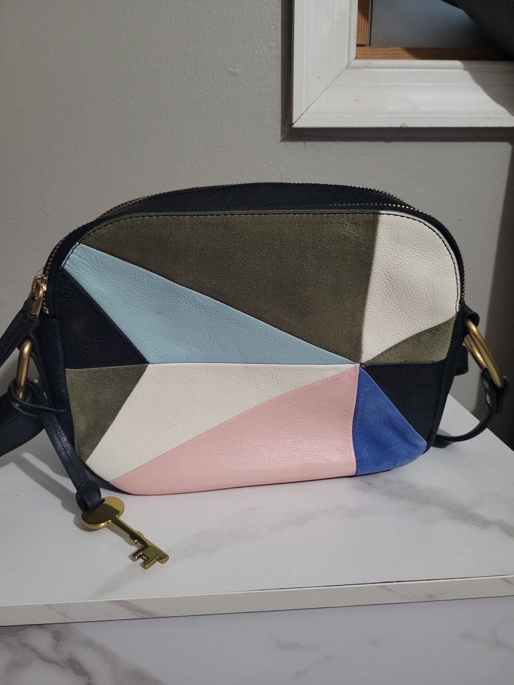 FOSSIL ELLE Colorblock Seude And Leather Crossbody Bag